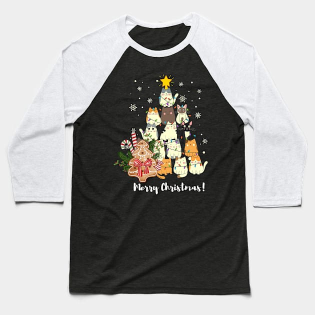 Christmas Cat Trees, Cute Merry Christmas & Trees, White Christmas Trees Design, premium unisex kitten xmas tee, Baseball T-Shirt by Grun illustration 